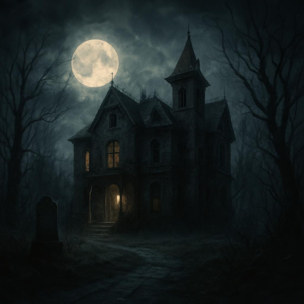 Mysterious mansion in a dark forest with a full moon above it.