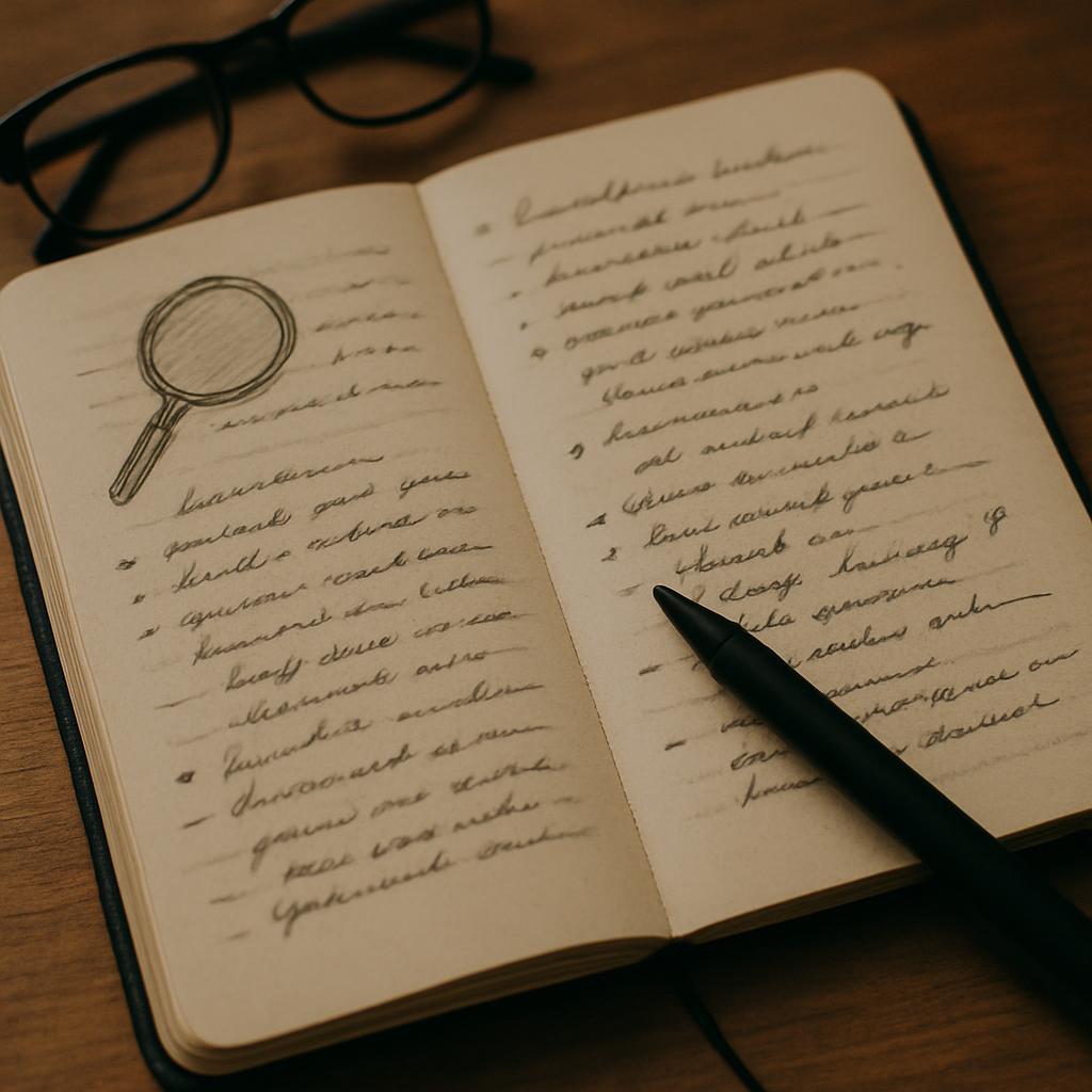 A close-up image of an open notebook with a magnifying glass sketch and handwritten notes, accompanied by a black pen and ...