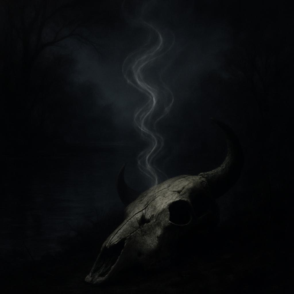 Smoke emits from an animal skull.