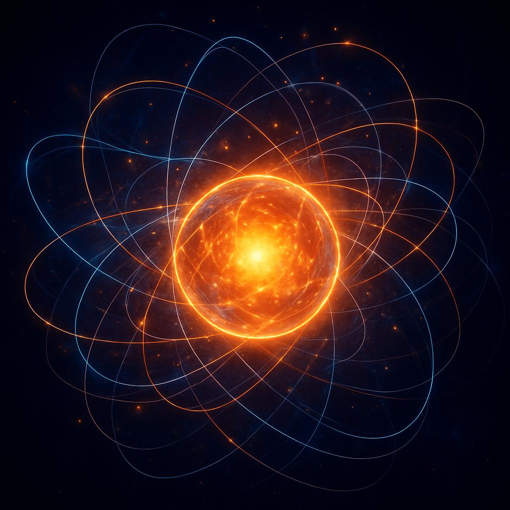 An orange and blue abstract glowing orb with lines emanating from it on a black background.